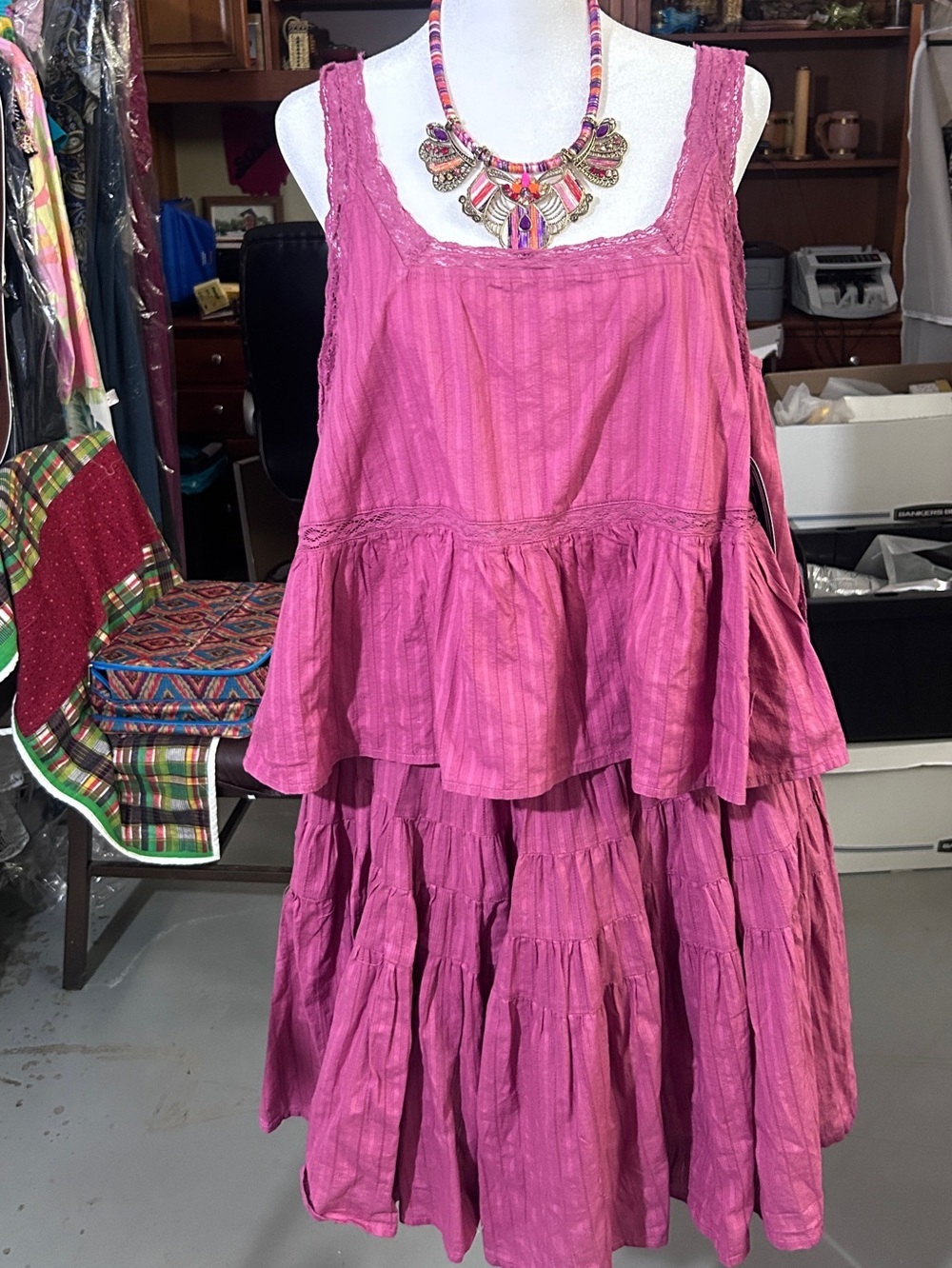Women’s Fuchsia Tiered blouse and matching skort  - with statement necklace